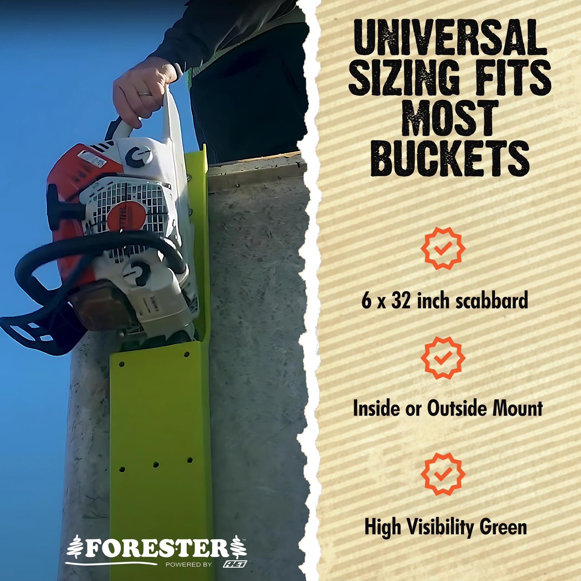 Forester hi-vis green scabbard improves visibility for safer bucket-side work