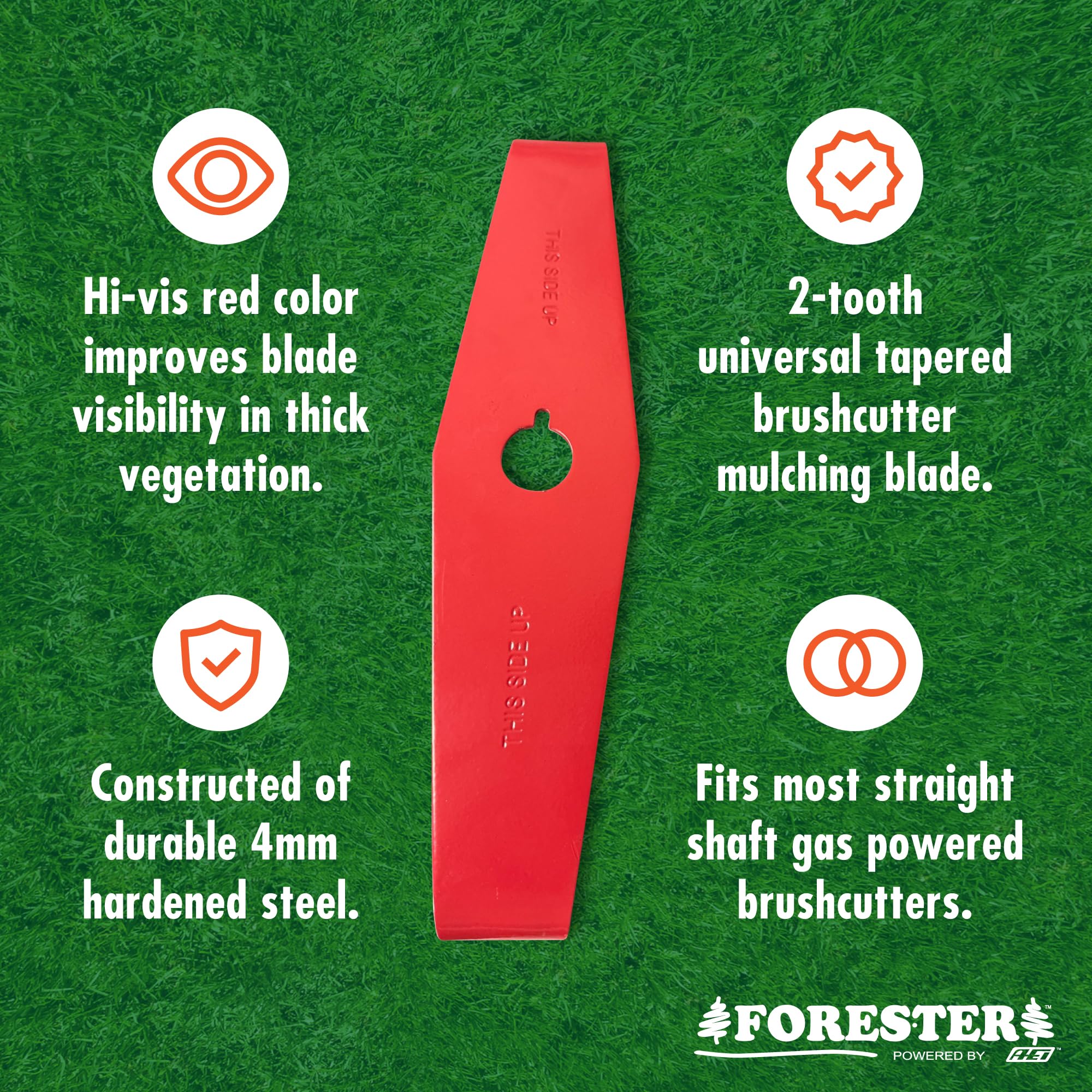 FORESTER hi-vis red blade visible amid thick vegetation for safer trimming