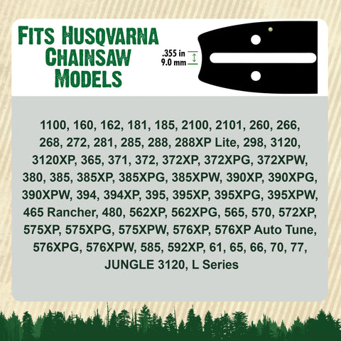 FORESTER compatibility chart emphasizes broad fit with Husqvarna, Jonsered, and Poulan saws.