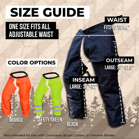 FORESTER Trimmer Chaps for Men adjustable belt demonstrates a secure fit over work pants