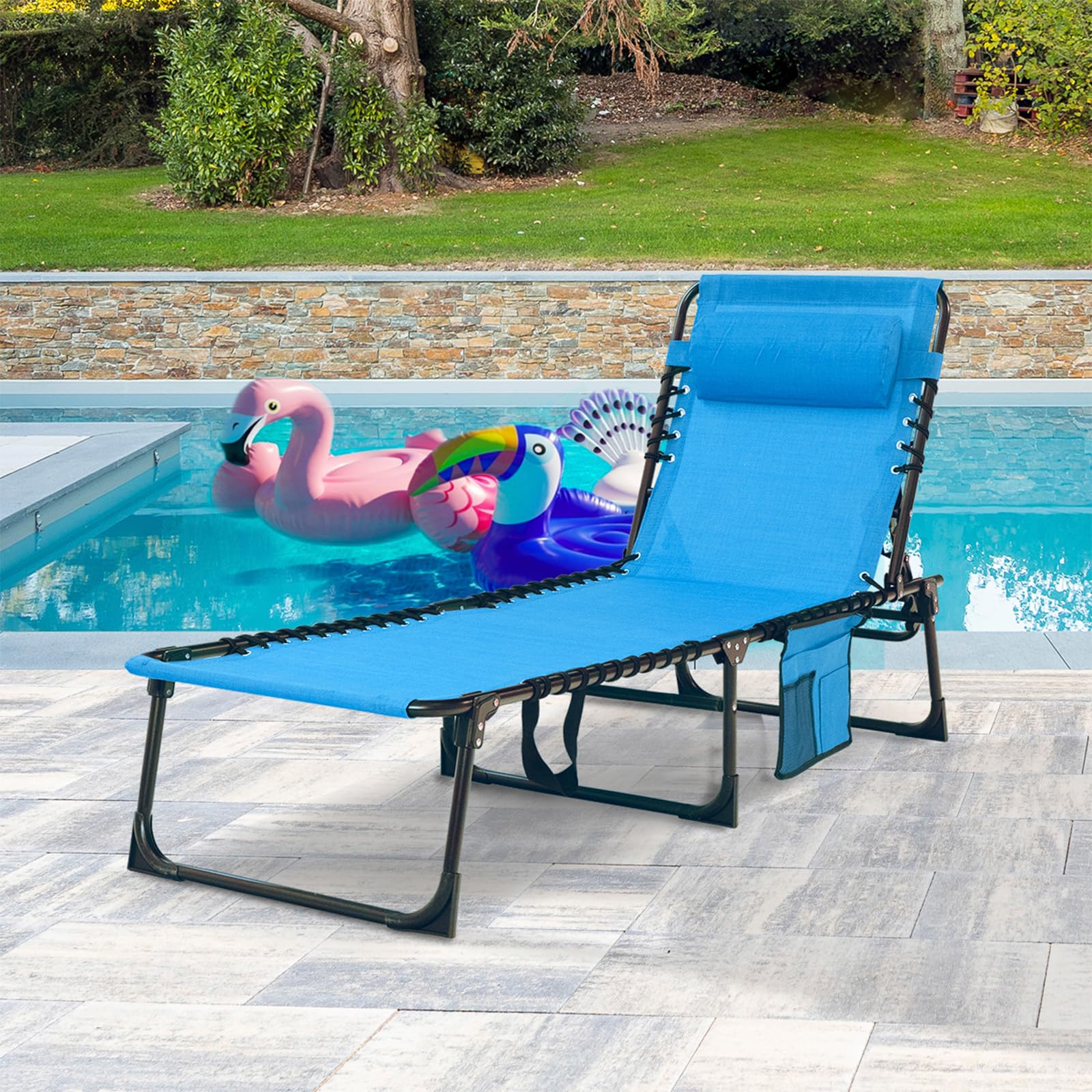 Foristrail chaise lounge with side-pocket blue keeps essentials within reach