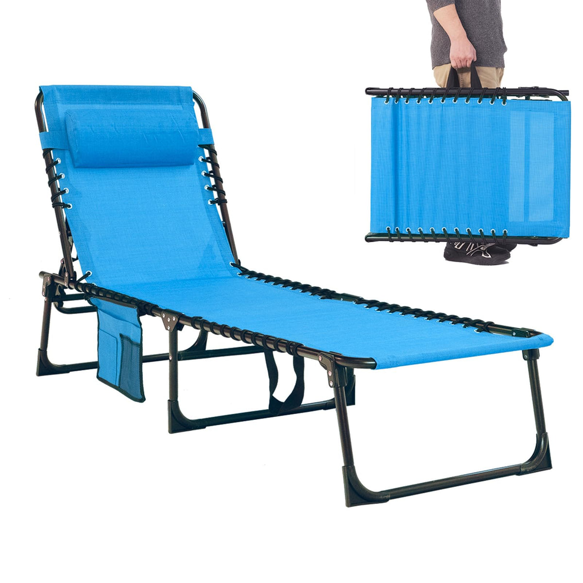 Foristrail folding chaise lounge bed extended blue offers tall-user comfort outdoors
