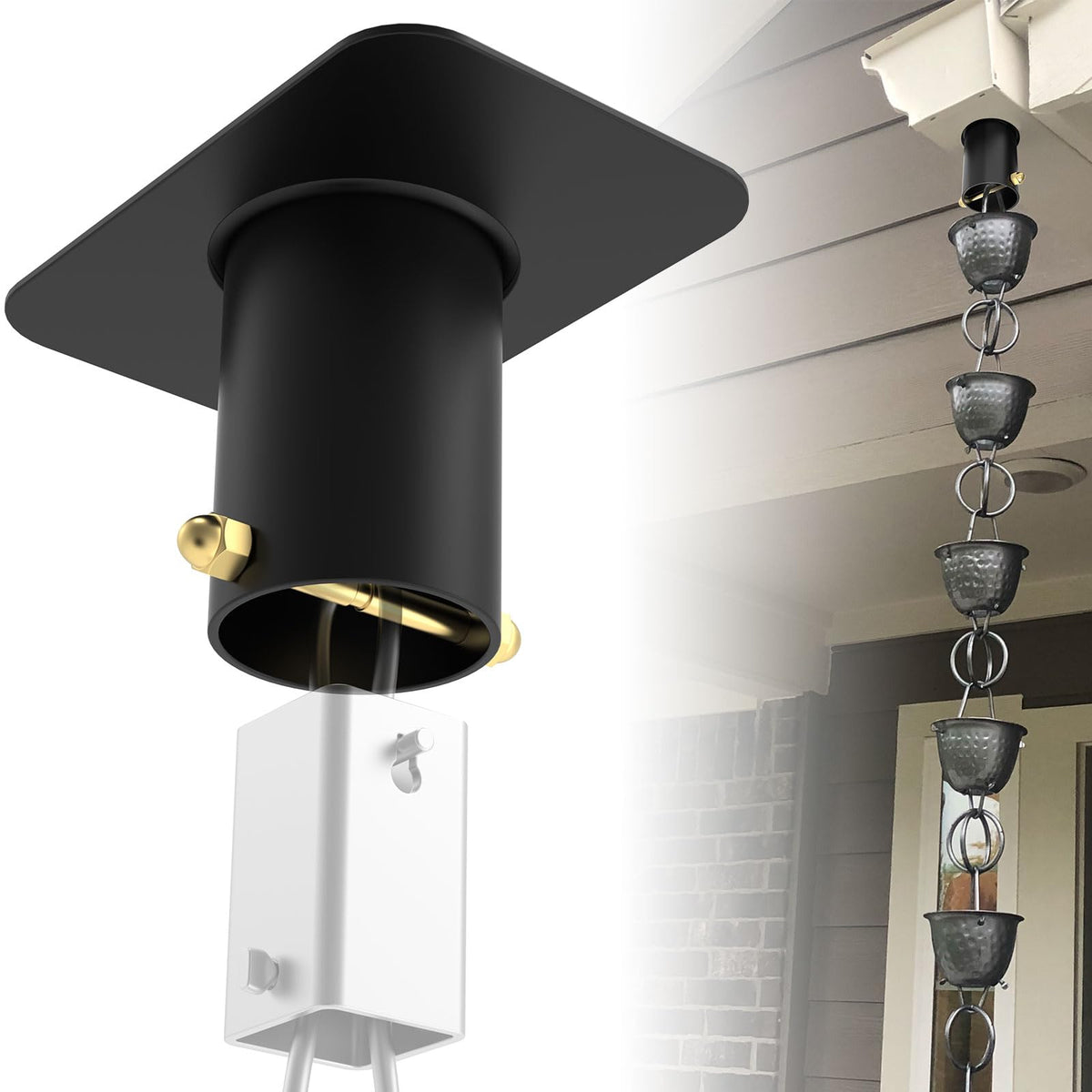 ForoGore Rain Chain Gutter Adapter close-up with brass bolt for secure hanging.