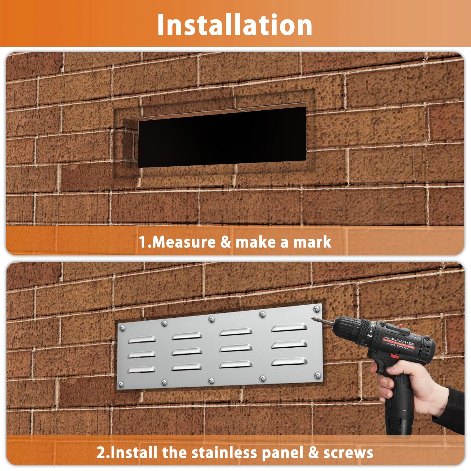 FOROIRON vent panel being installed with masonry pit, showcasing precise screw hole placement.