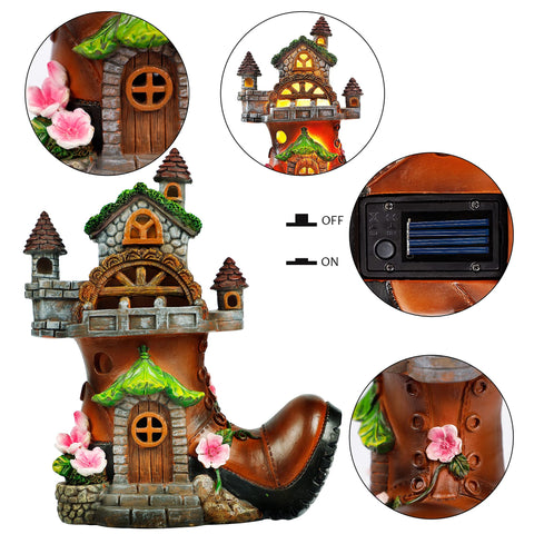 FORUP detailed boot fairy house with steps and windows enhances yard decor.