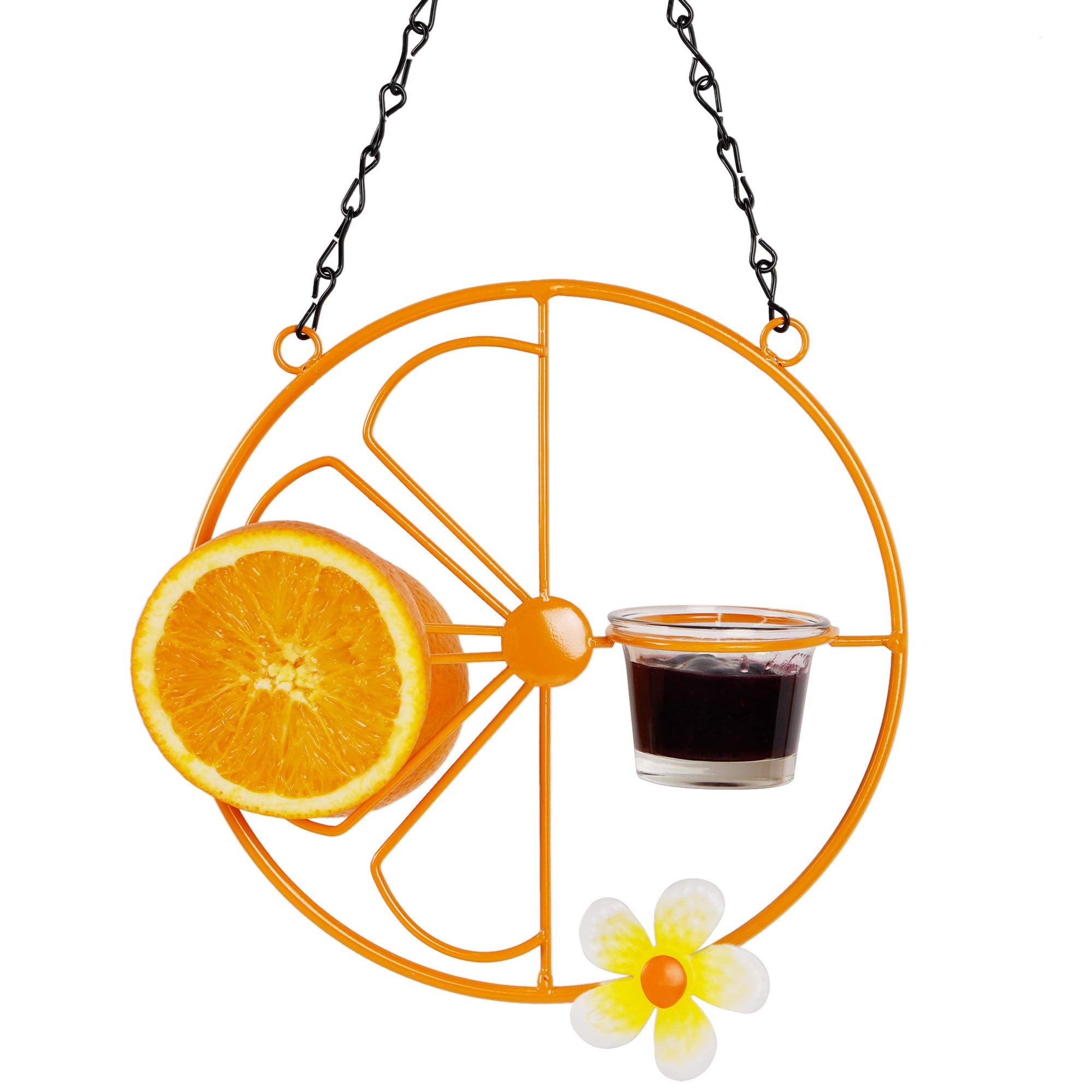 Forup Oriole Bird Feeder outdoors with orange glass attracts orioles.