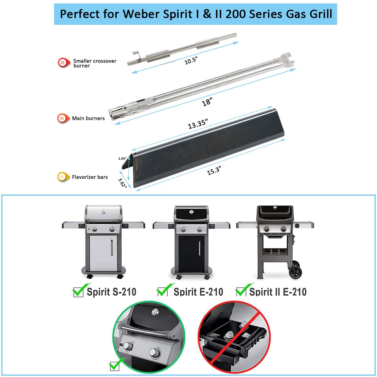FORYEYC Spirit E210 main burners; robust stainless steel construction.