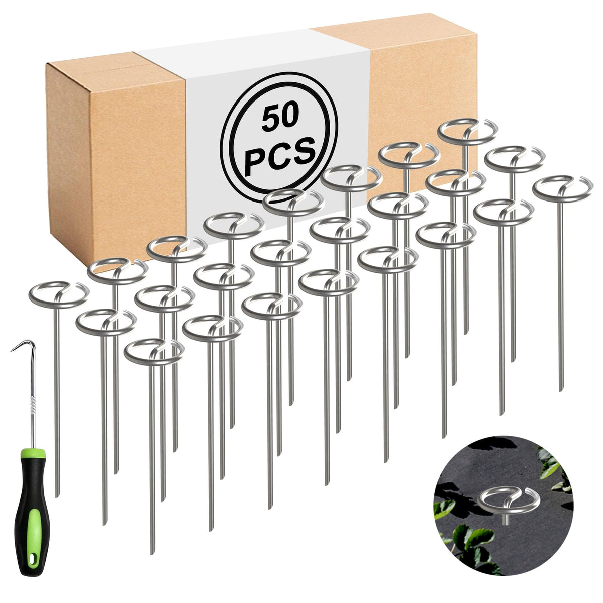 Fosiweelo 6-inch galvanized round-head stake securing landscape fabric effectively