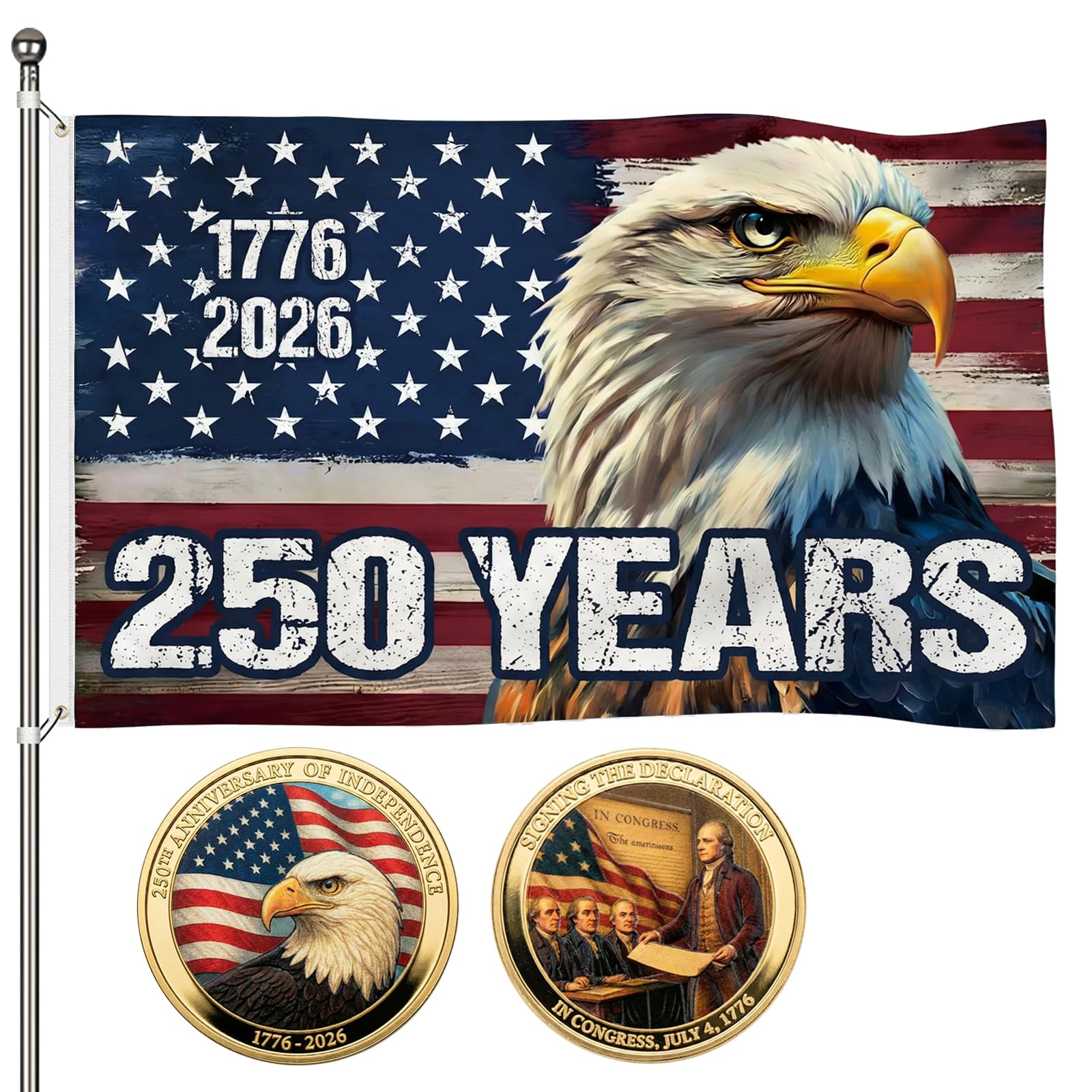 FOSUNKER 250th Anniversary flag 3x5ft fluttering for outdoor display, ideal curb appeal.