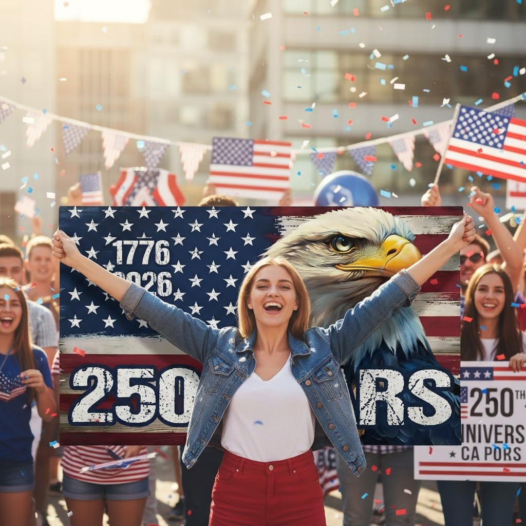 Fourth of July celebration setup with FOSUNKER flag and coin.