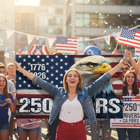 Fourth of July celebration setup with FOSUNKER flag and coin.
