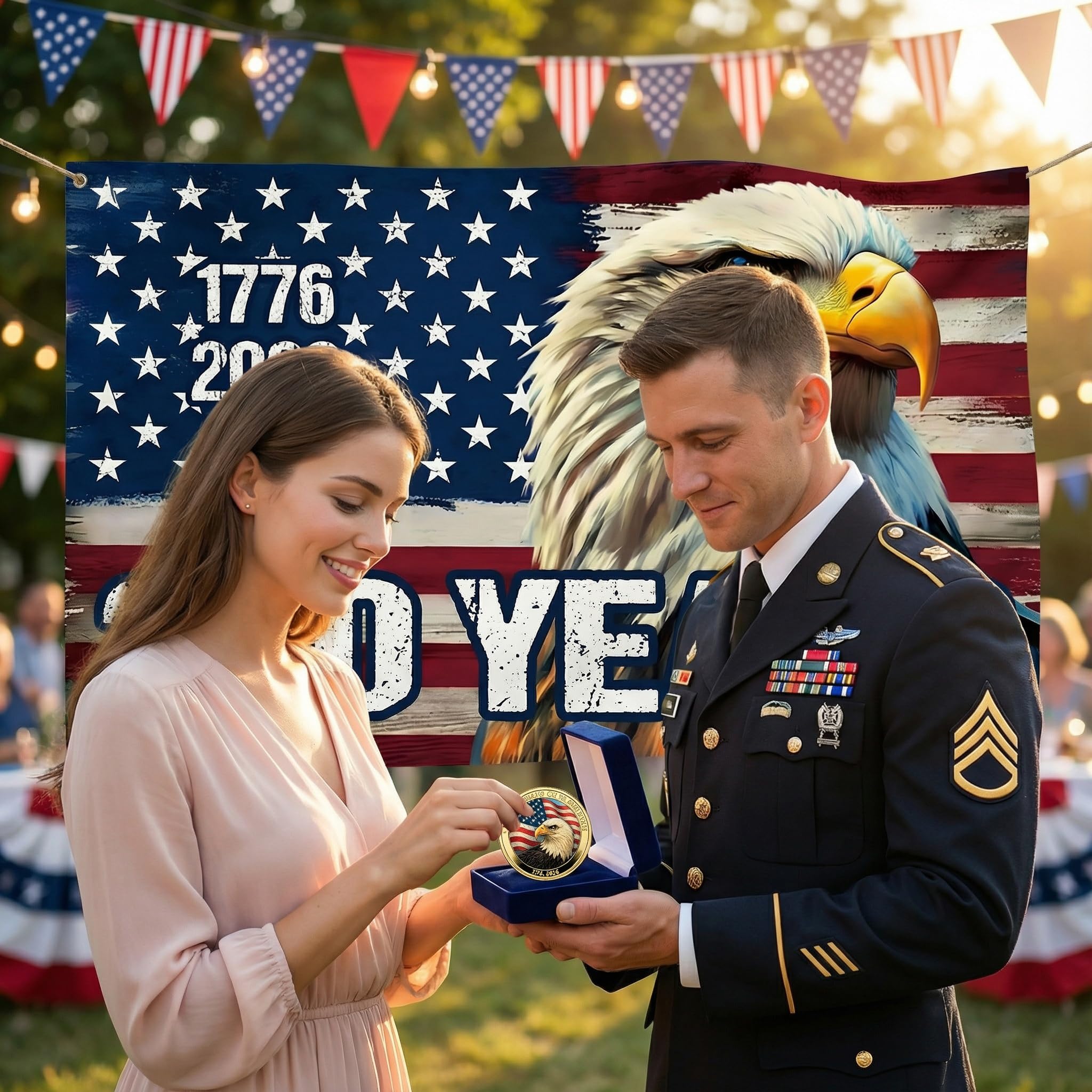Outdoor patriotic banner by FOSUNKER ready for front yard display.