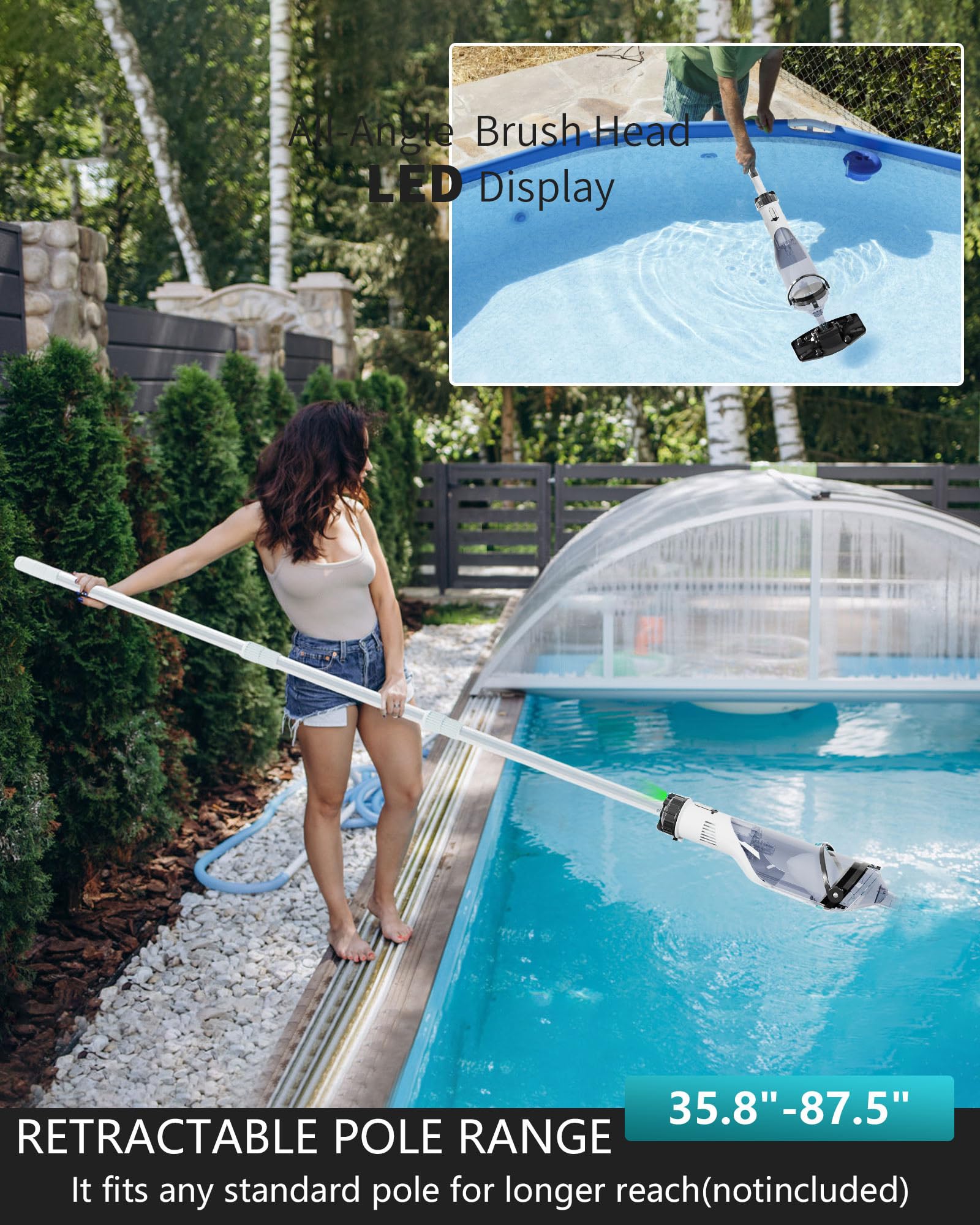 FOTING cordless pool vacuum detachable brush head cleans stairs and tight spots