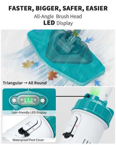 FOTING cordless pool vacuum detachable brush head cleans stairs and corners.