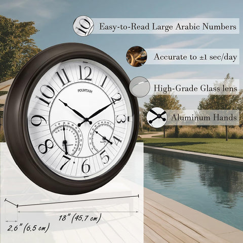 FOUNTAIN DESIGNS clock shows thermometer and hygrometer for outdoor comfort.