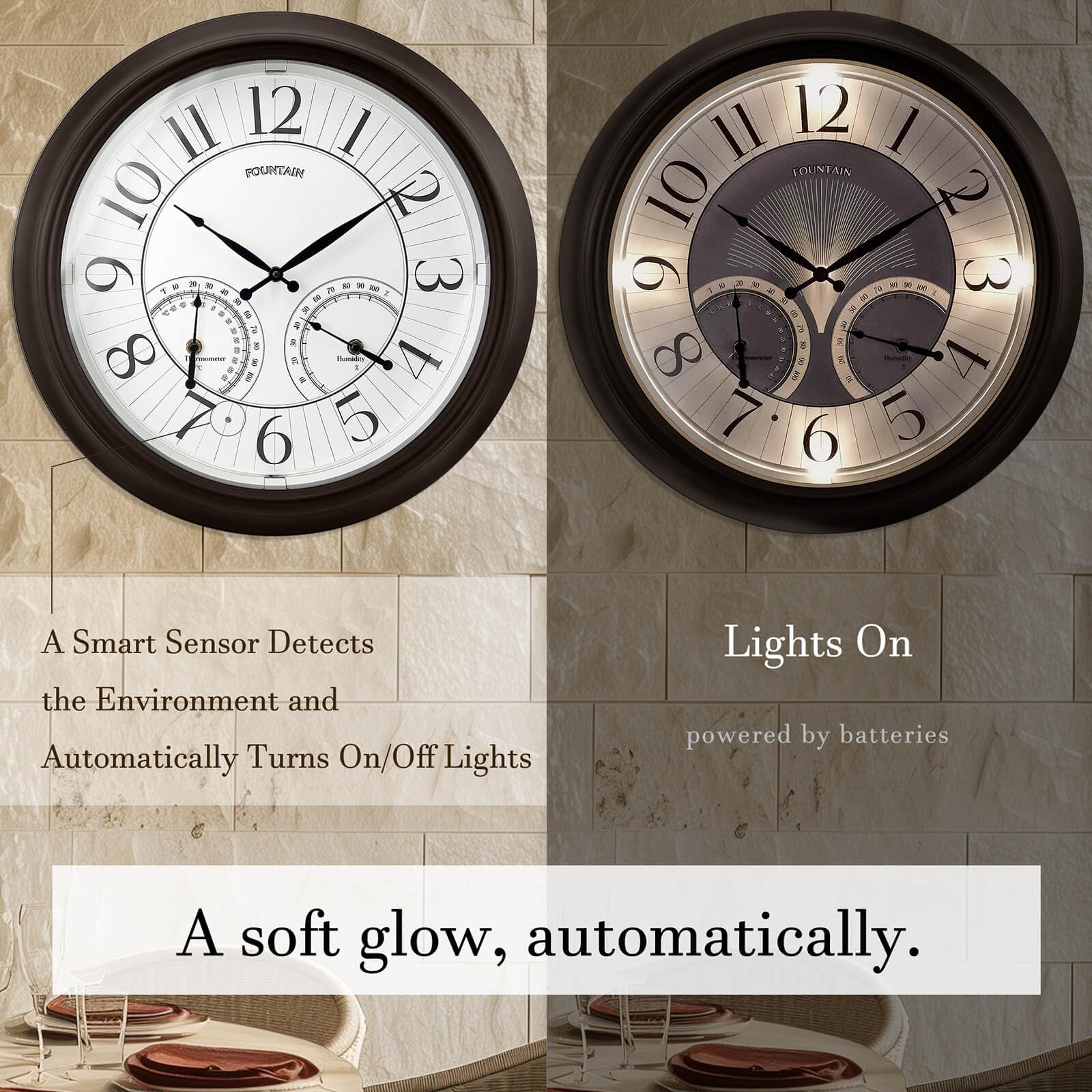 FOUNTAIN DESIGNS outdoor clock at dusk emits warm LED glow along garden path.