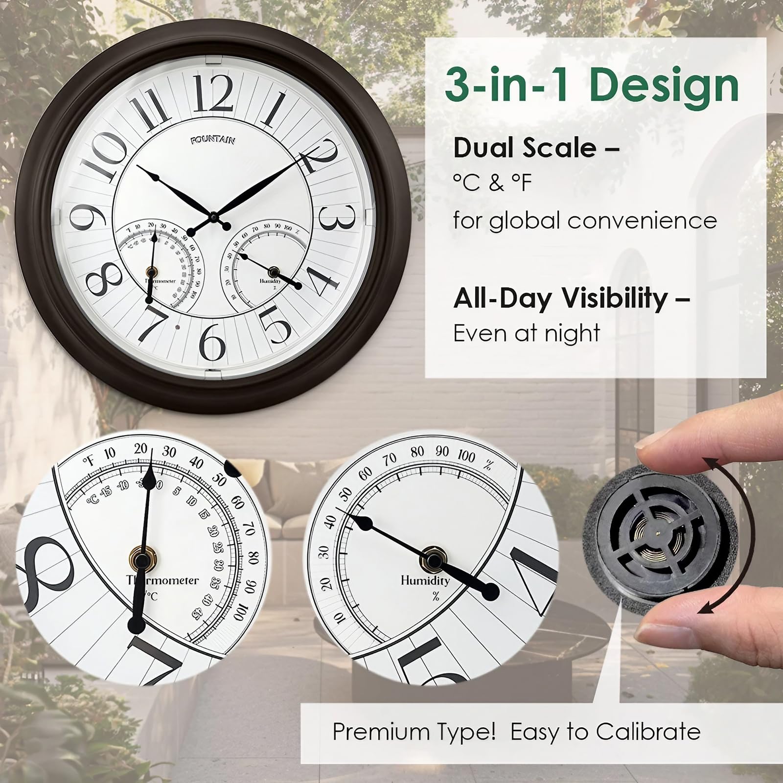 FOUNTAIN DESIGNS clock close-up highlights oil rubbed bronze accents.