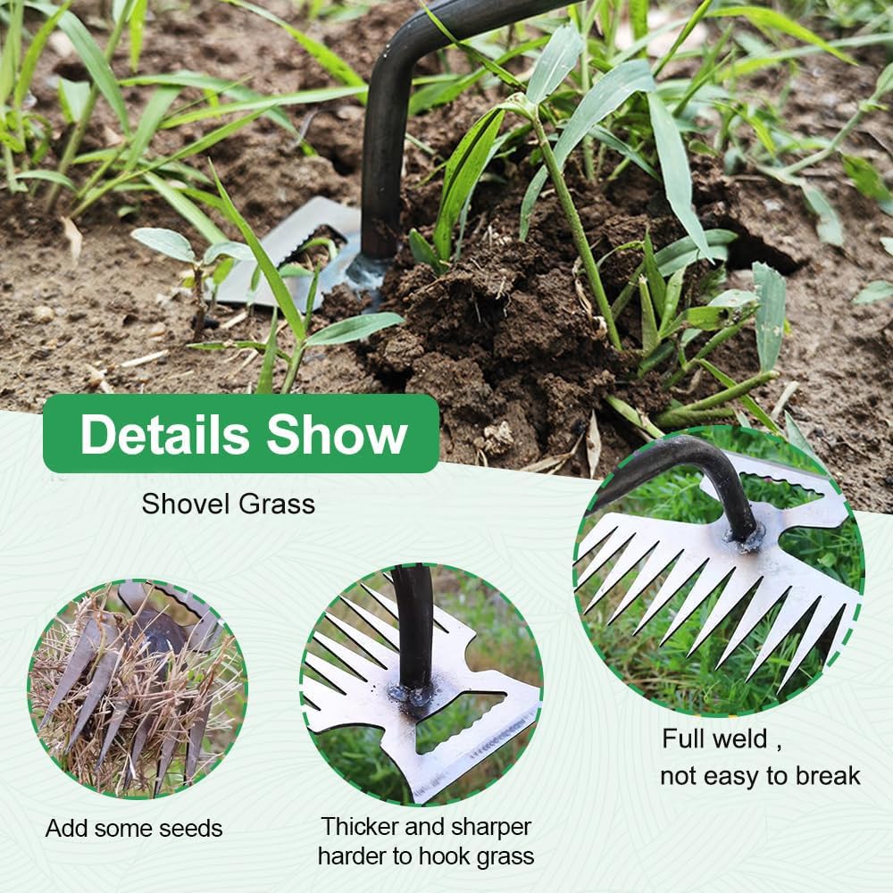 Four-tooth uprooting tool reaches tight corners for thorough weed removal.