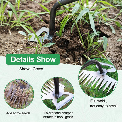 Four-tooth uprooting tool reaches tight corners for thorough weed removal.
