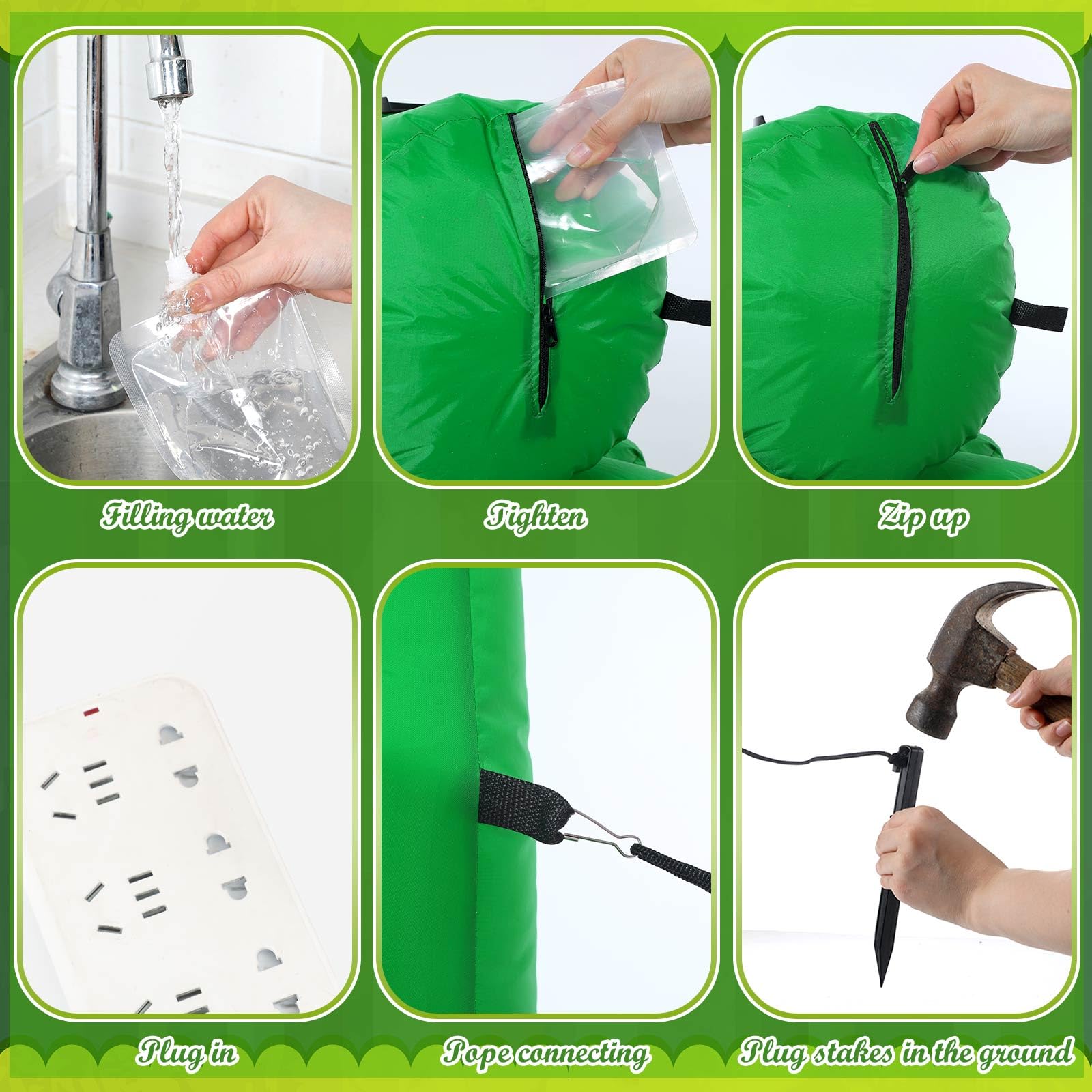 Fourluoo inflatable decor includes ground stakes and rope for secure placement.