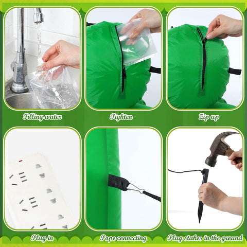Fourluoo inflatable decor includes ground stakes and rope for secure placement.