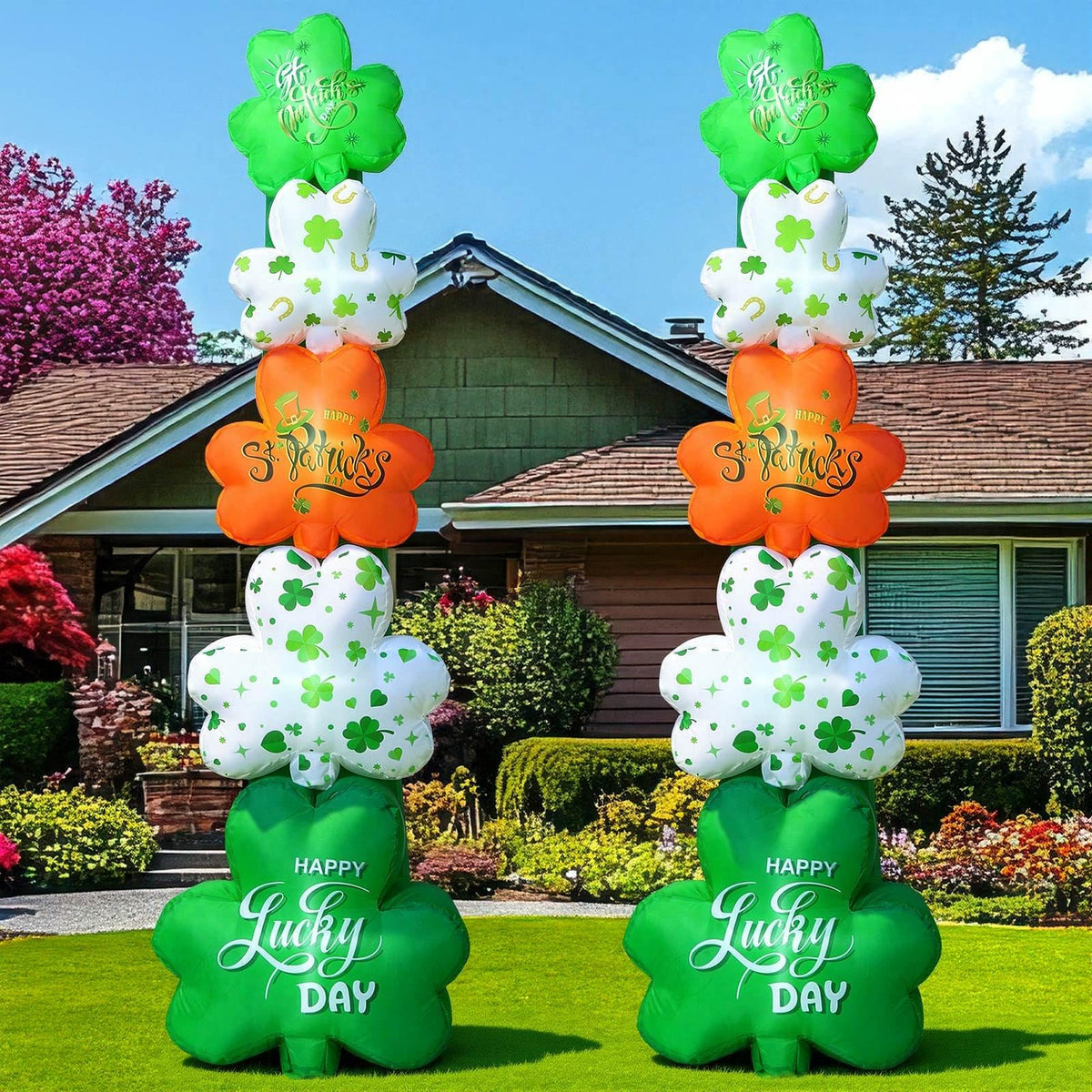 Fourluoo shamrock inflatable 2-pack with LED lights for outdoor yard decor.