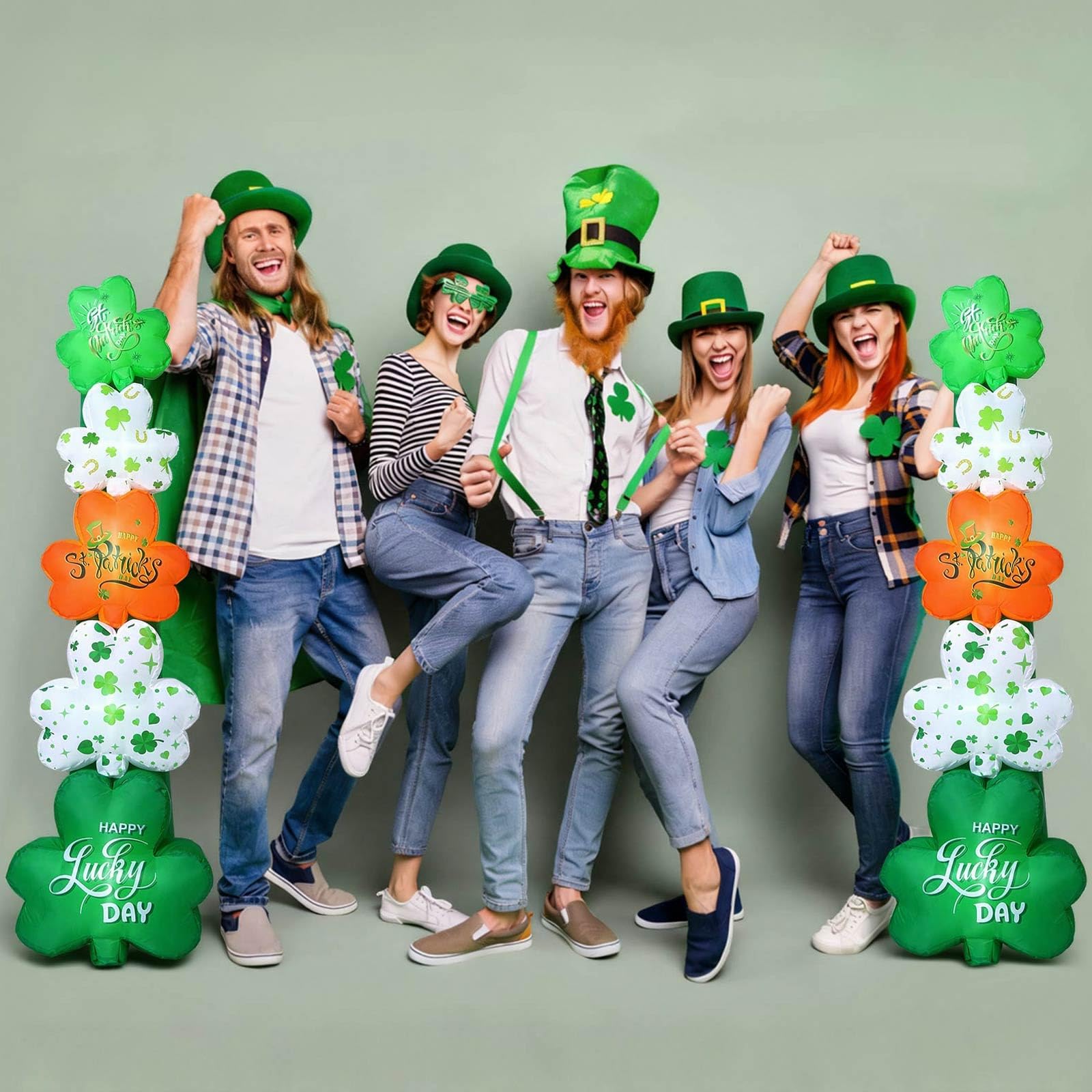 Fourluoo shamrock blow-ups create a welcoming entryway for parties.