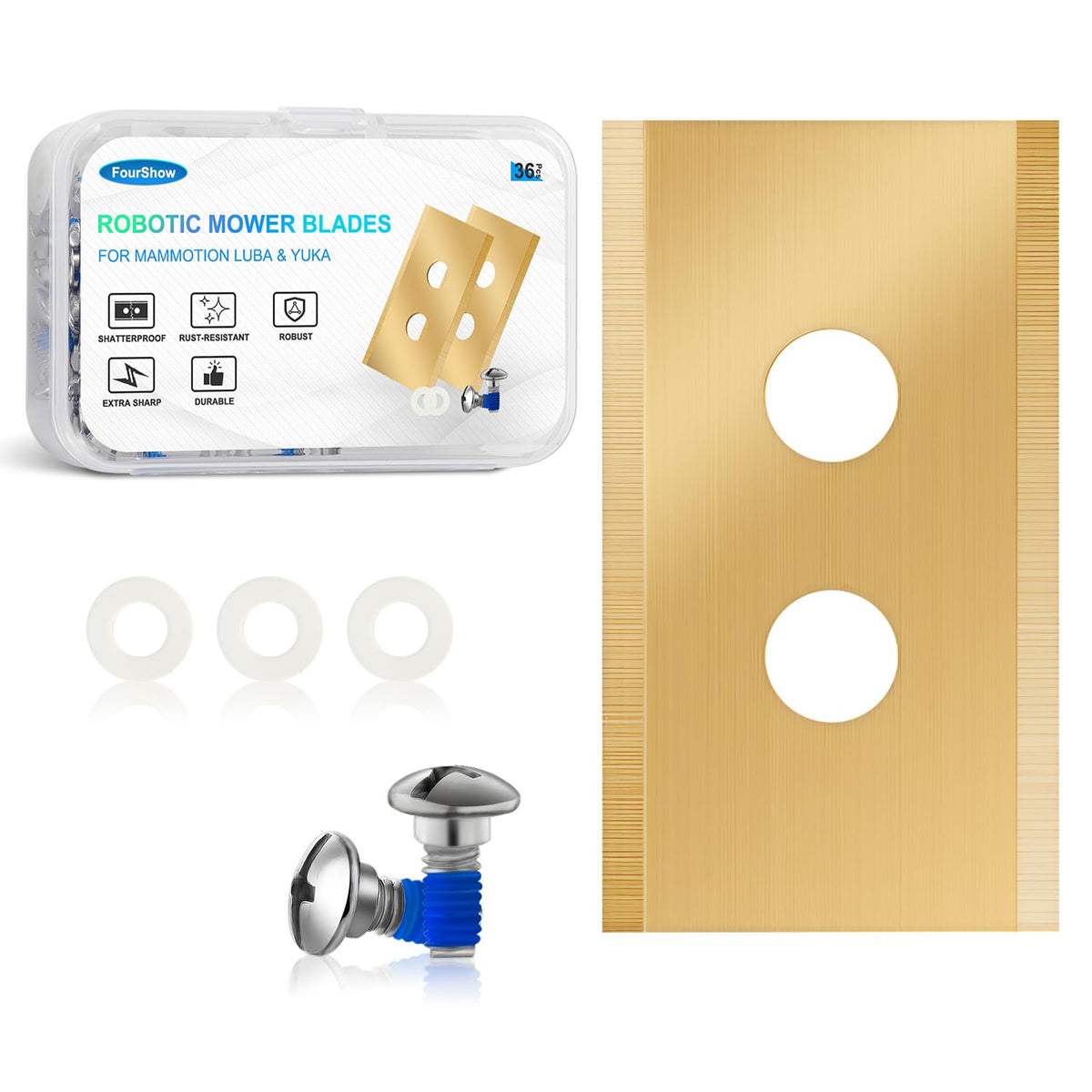 FourShow replacement blades box with 36 titanium-carbide blades for Mammotion Luba and Yuka