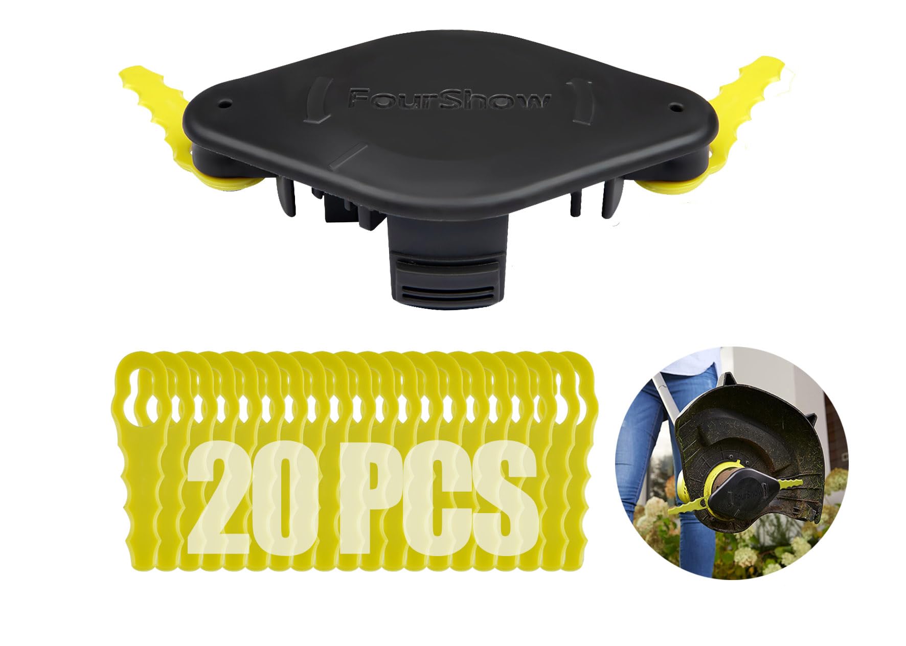 FourShow bladed trimmer head quickload in action for easy garden trimming