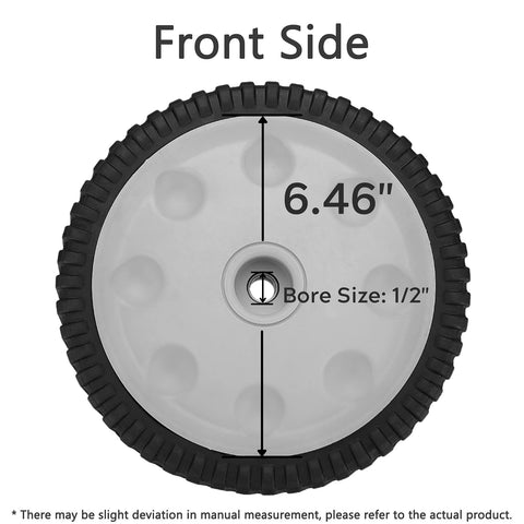 Fourtry drive wheels with 53 teeth provide solid grip on uneven lawns.