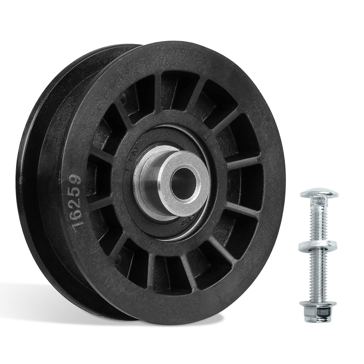 Fourtry flat idler pulley installation view showing belt tension setup.