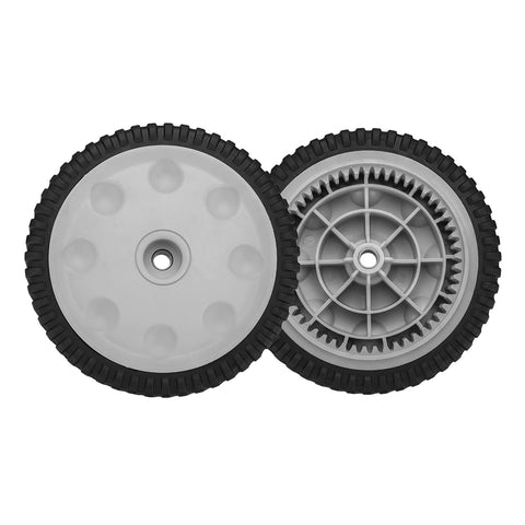 Fourtry front-drive-wheels for Troy-Bilt mowers improve traction on slick grass.