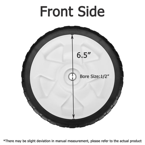 Fourtry front wheel tread for better grip on damp lawns.