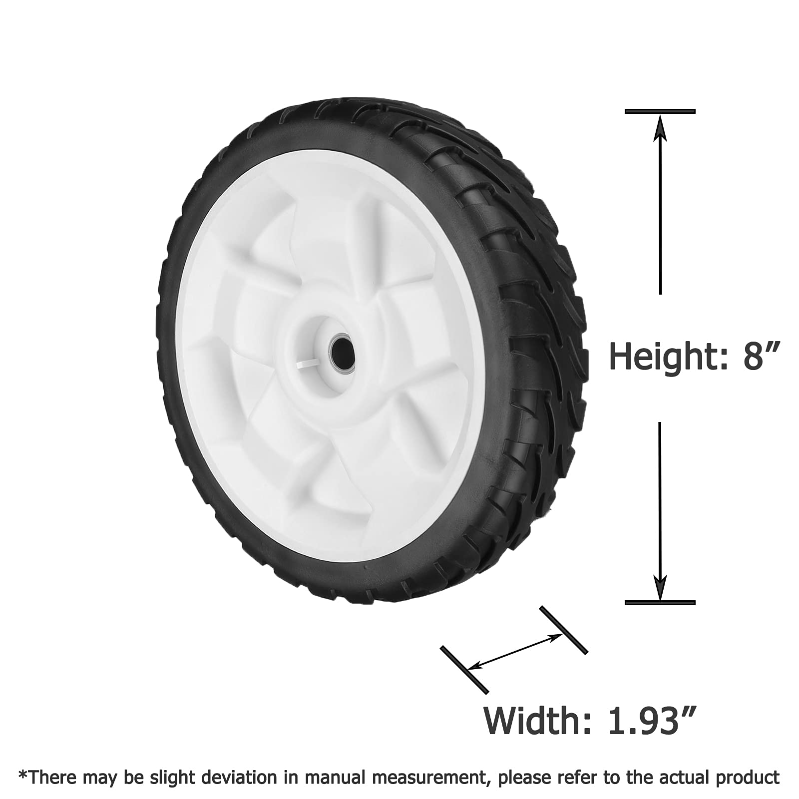 Fourtry 8-inch plastic front wheel with hub offset for stable tracking.