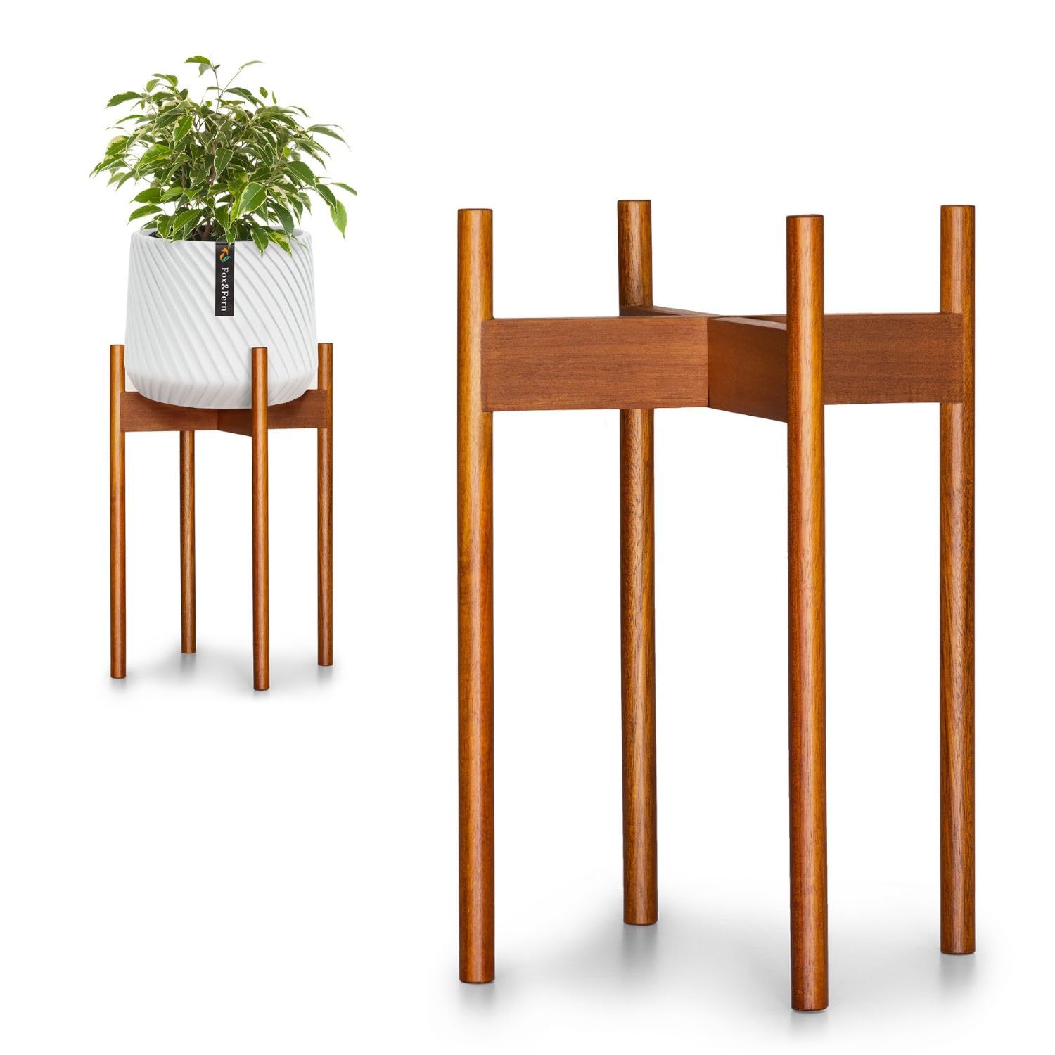 Fox and Fern mid-century tall plant stand displaying 10-inch pot compatibility indoors