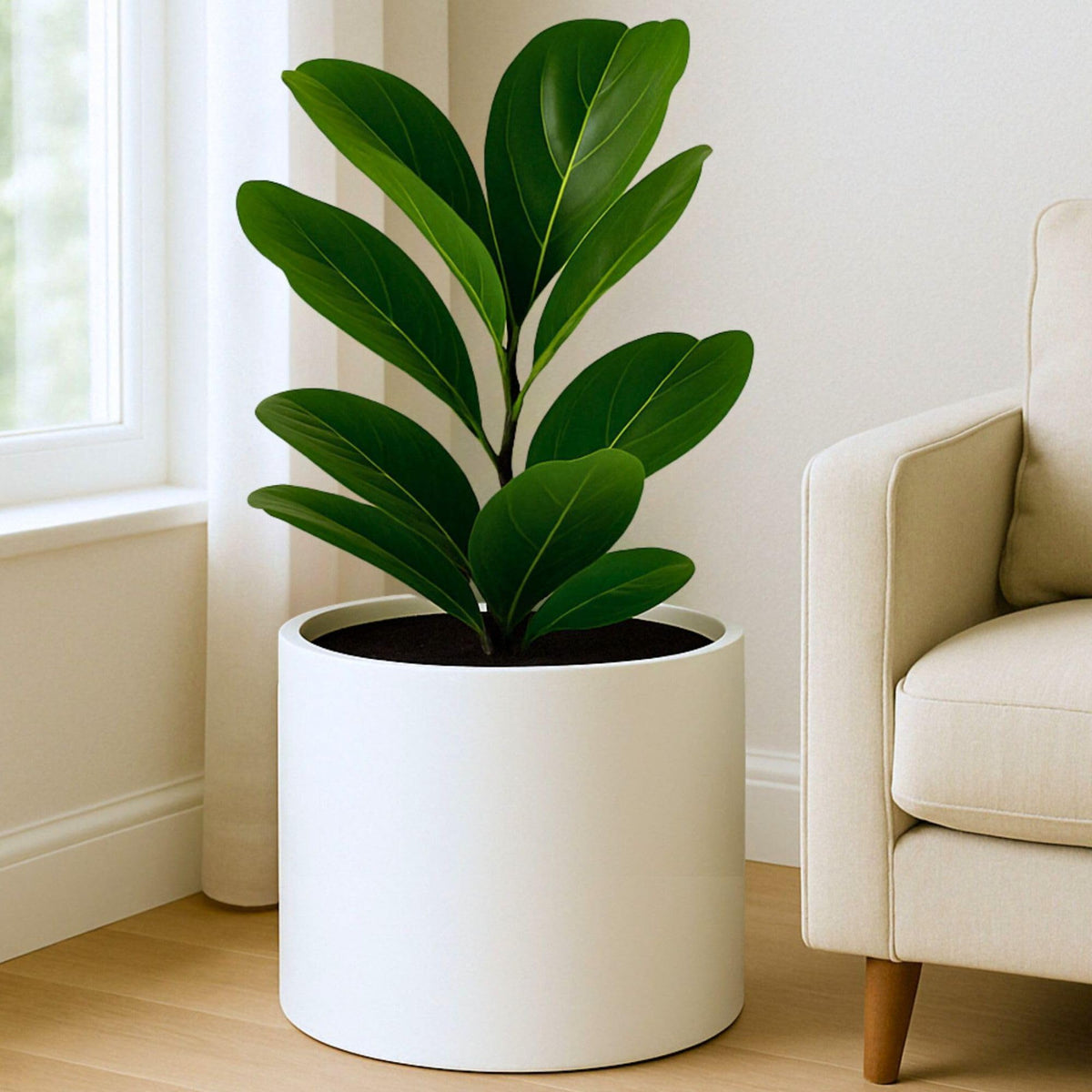 Fox & Fern fiberstone planter, matte white, spacious interior for large plants.