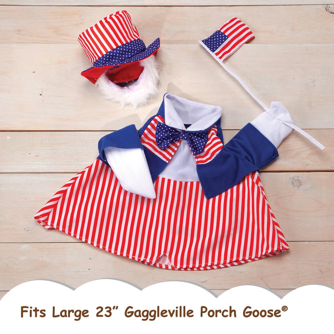 Blue jacket with striped bowtie on goose statue from Fox Valley Traders.