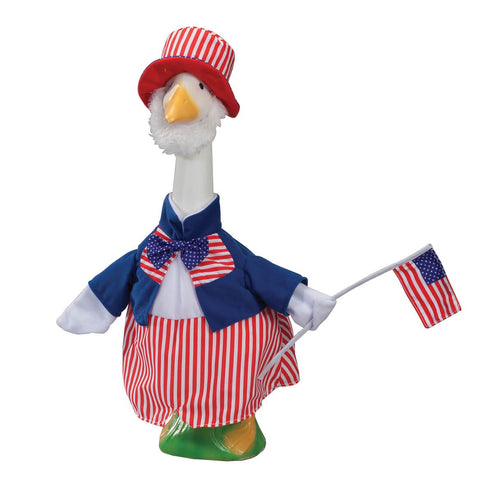 Fox Valley Traders Capkmioe Uncle Sam outfit on a 23-inch goose statue for patriotic display.