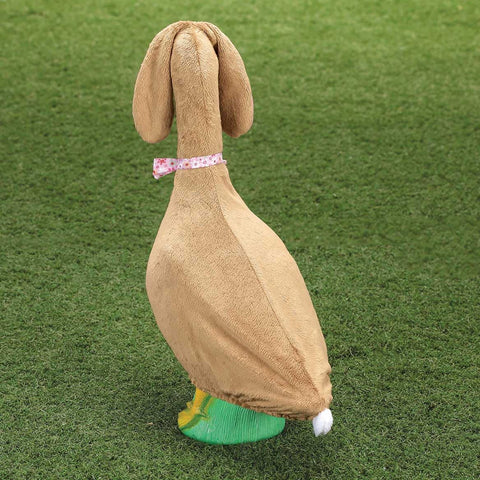 Fox Valley Traders Gaggleville brown bunny-suit on goose statue creating Easter moments