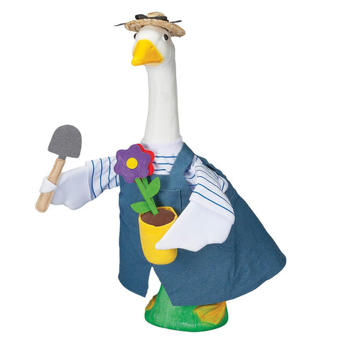 Fox Valley Traders Gaggleville Gardener Outfit on goose statue adds garden charm
