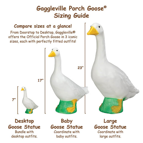 Outdoor-ready display showing gardener outfit on goose in a sunny garden