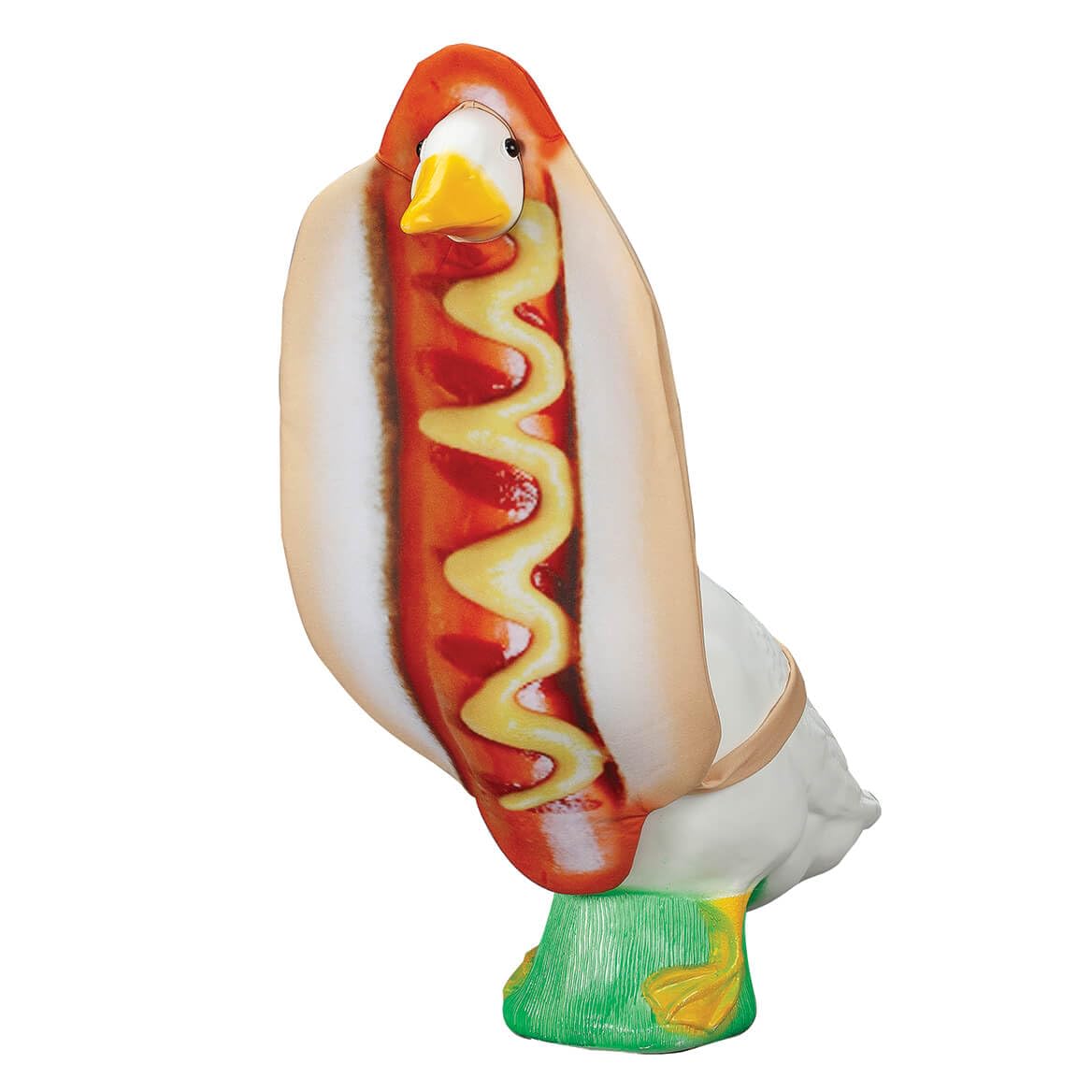 Fox Valley Traders Gaggleville hot dog goose outfit on statue adds playful backyard charm.