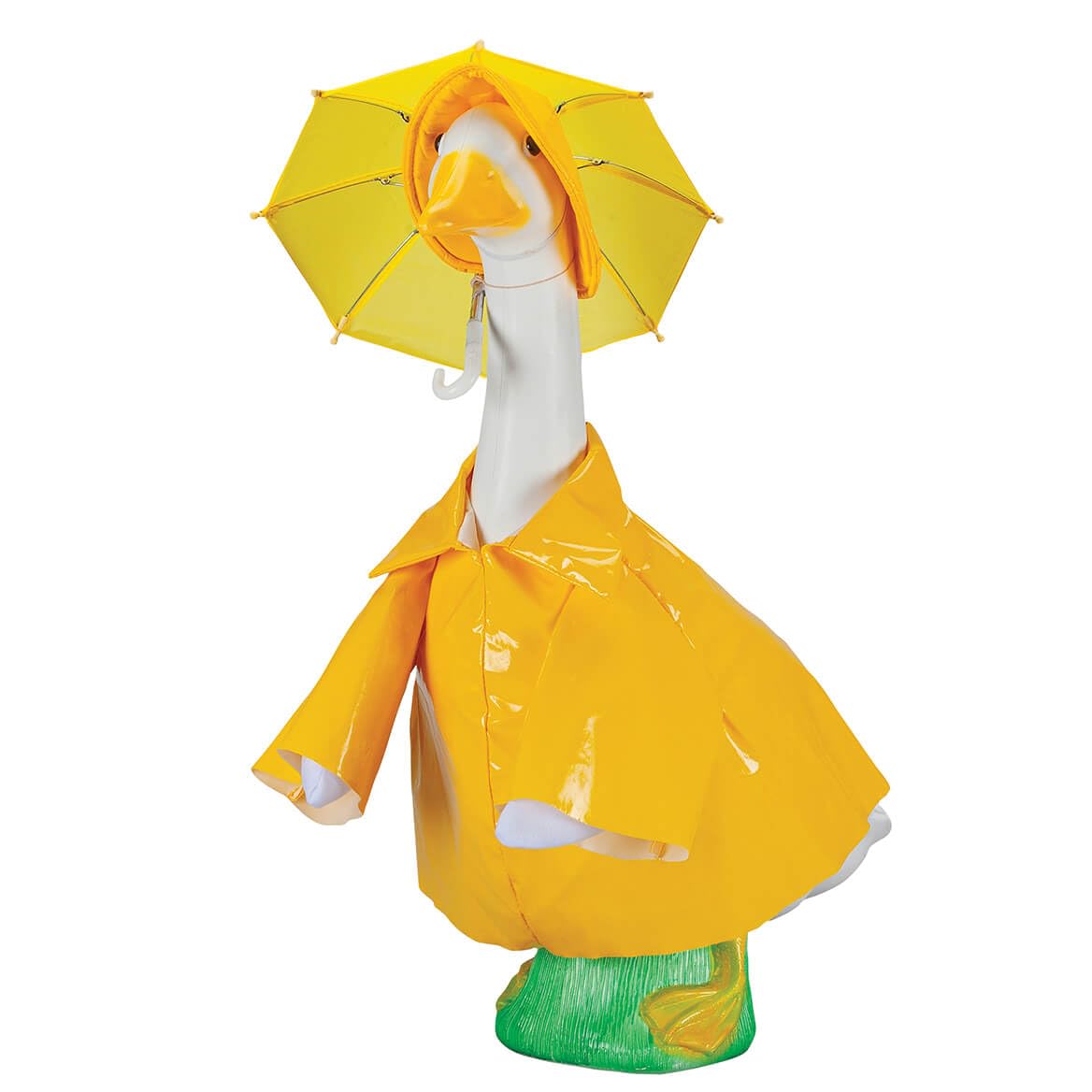 Fox Valley Traders Gaggleville raincoat goose outfit with umbrella adds weather-ready charm to your lawn.