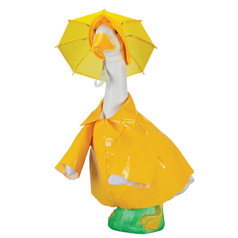 Fox Valley Traders Gaggleville raincoat goose outfit with umbrella adds weather-ready charm to your lawn.