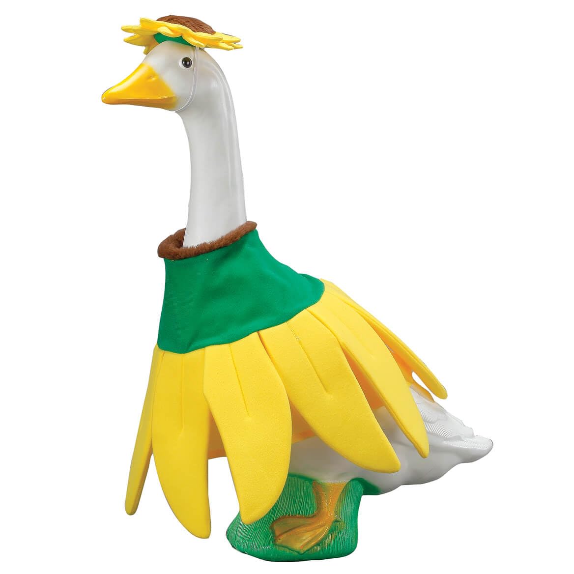 Fox Valley Traders Gaggleville sunflower goose outfit on a statue adds cheerful garden charm.