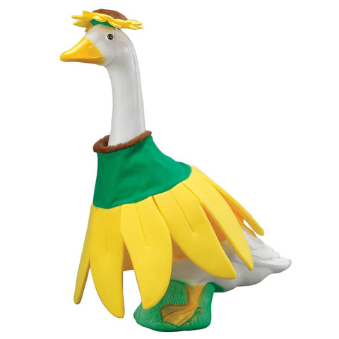 Fox Valley Traders Gaggleville sunflower goose outfit on a statue adds cheerful garden charm.