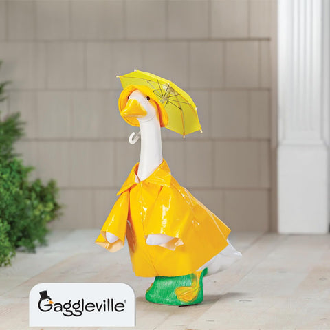 Fox Valley Traders Gaggleville yellow slicker detail brightens porches with playful, seasonal appeal.
