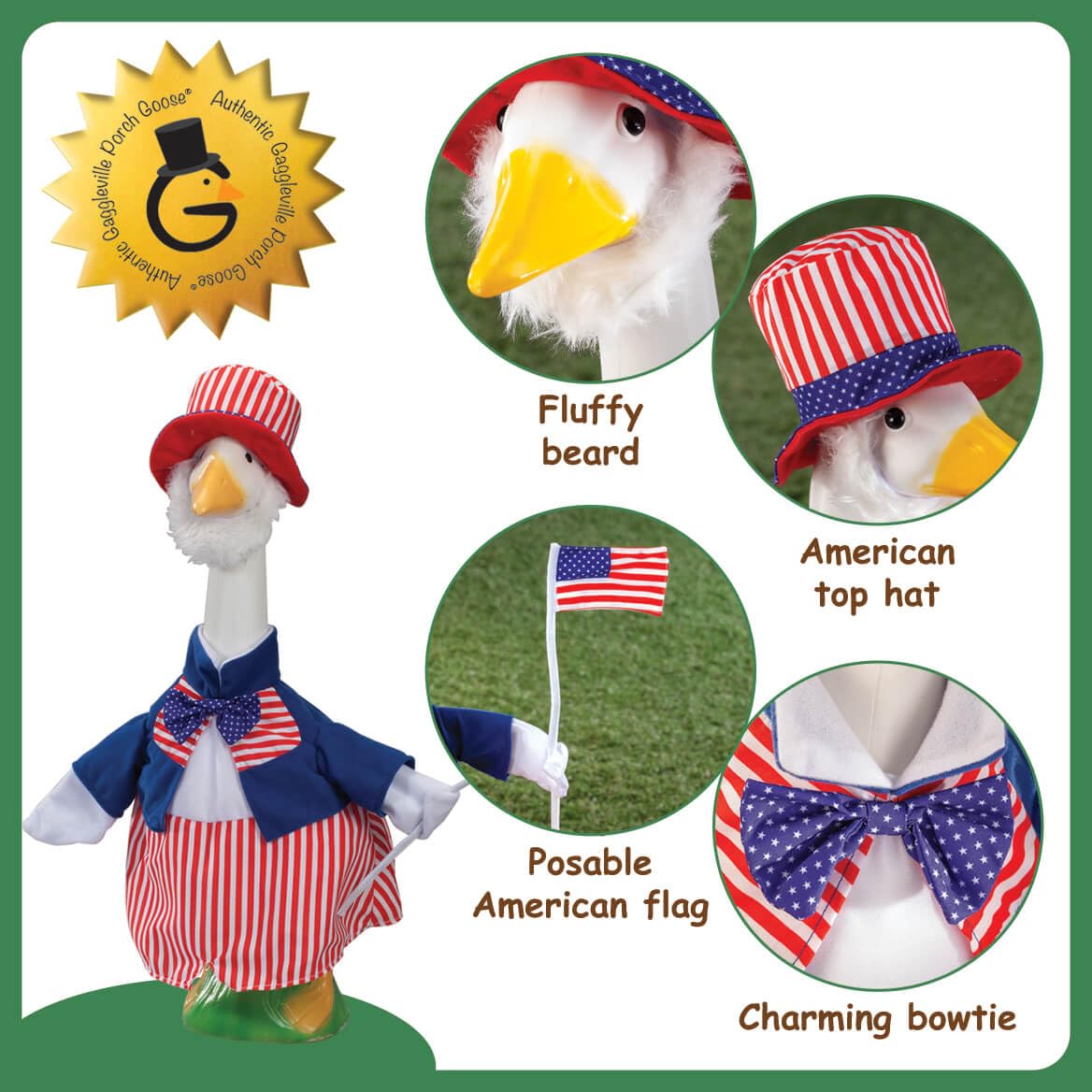 Fox Valley Traders red-white striped pants on goose statue.