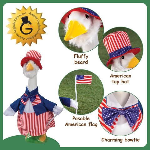 Fox Valley Traders red-white striped pants on goose statue.