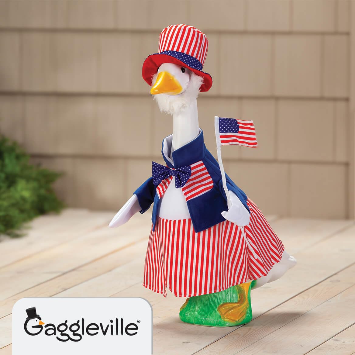 Uncle Sam top hat detail on goose statue by Fox Valley Traders for festive look.